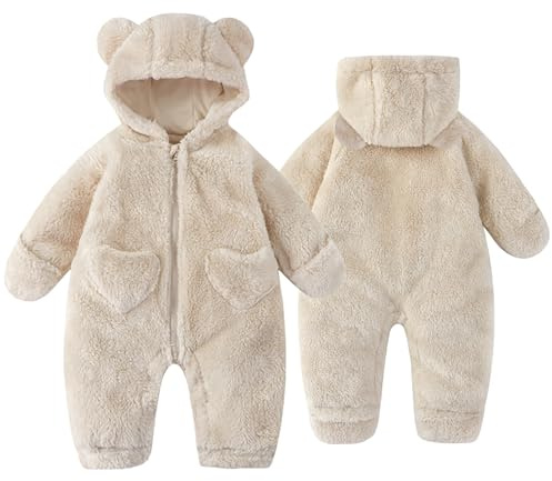 Fohuanky Newborn Baby Bear Pramsuit Warm Fleece Hooded All-in-One Snowsuit Winter Romper for Boys & Girls 0-12 Months (Beige, 3-6 Months)