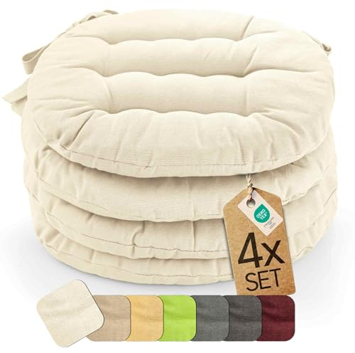 etérea 4er Set Sitzkissen Outdoor 38x38 Rund mit Bändern - Stuhlkissen Creme für Gartenstuhl & Innenbereich - waschbare Sitzauflagen Gartenmöbel - 4 Stück Kissen 38x38 cm - Creme