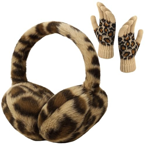 ViEinkaufen Winter Ear Muffs Gloves Set for Women, Leopard Faux Fur Warm Headband Knit Gloves for Cold Weather