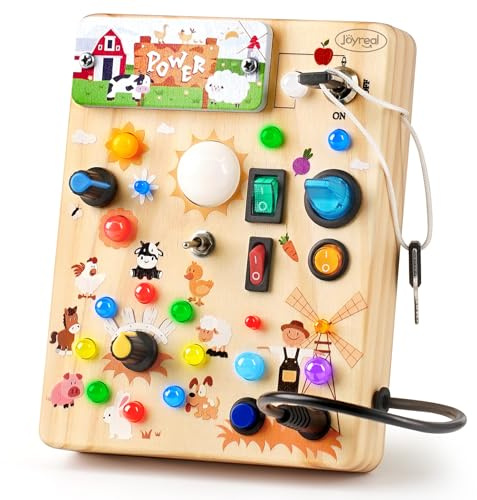 Joyreal Montessori Busy Board 2 Year Old, Fidget Board with 19 LED Lights, Wooden Sensory Toys for Toddlers, Activity Board Educational Toys Travel Toys for Boys Girls 2 3 Year Olds (Farm)