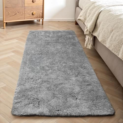 Treeboy Hochflor Grau Teppich Wohnzimmer 80x160 Waschbar Schlafzimmer | Rutschfest Schlafzimmer Teppich Waschbar Flauschiger Wohnzimmerteppiche Zottelige Weich Teppiche für Kinder Wohnzimmer Läufer