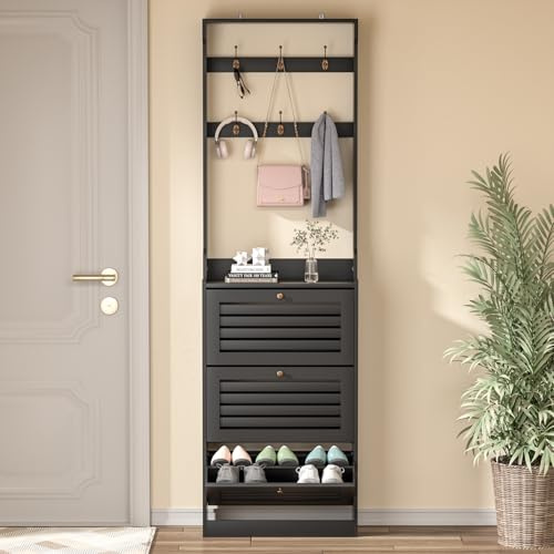 Yvsevnr Flurgarderobe mit Schuhschrank, Schmaler Schwarz Schuhkipper mit 3 Klappen für 14–18 Paar, Garderobe mit Haken & Ablage für Taschen, Schals & Schlüssel, ideal für Flur, Eingang 24x60x200 cm