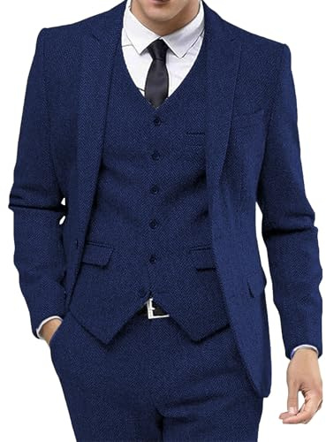 Tweed fiskbensmönstrad bröllopsdräkt för män, 3-delad topp klänning retro brudgum smoking set blazer jacka väst byxor, Kungsblå-3, M