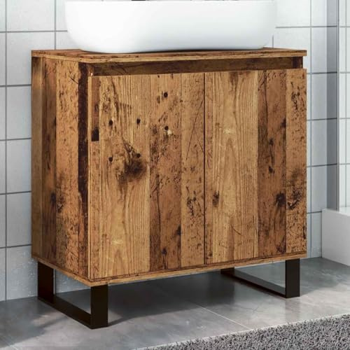 Foknhdi Armadietto da bagno effetto legno anticato, 58 x 33 x 60 cm, in legno con gambe in ferro per ospiti, per piccoli bagni, mobili da bagno
