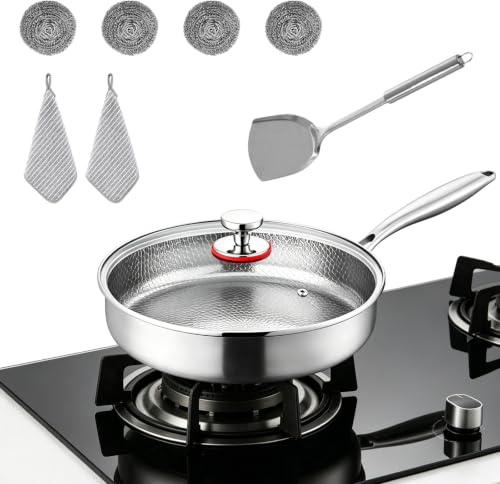 Poêle en titane de 28 cm avec couvercle,Antiadhésive Résistante aux rayures | Poêle à frire en titane,Non revêtue, Surface Martelée Chauffe Ultra-Rapide Pour toutes les plaques de cuisson