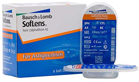 Bausch + Lomb SofLens Toric Monatslinsen, torische Kontaktlinsen, weich, 6 Stück BC 8.5 mm/DIA 14.5 / CYL -1.25 / Achse 10 / -0.75 Dioptrien