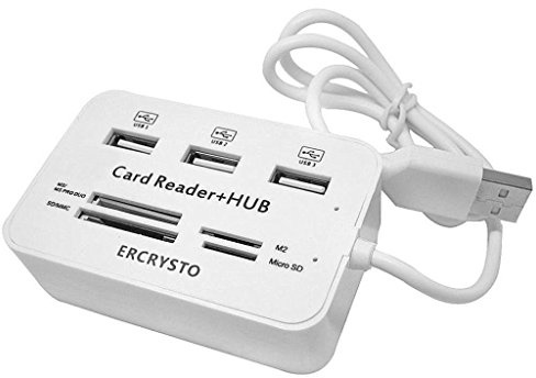ERCRYSTO Card Reader and 3 Ports USB Hub, High Speed External Memory Card Reader (MS, Micro SD,SD/MMC,M2,TF Card), White.