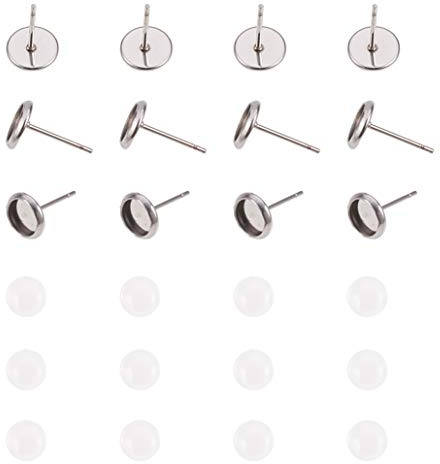 PandaHall 50 Sets 304 Edelstahl Flache RoundStud-Ohrringkomponenten und Klarglas-Cabochons für die DIY-Ohrringherstellung