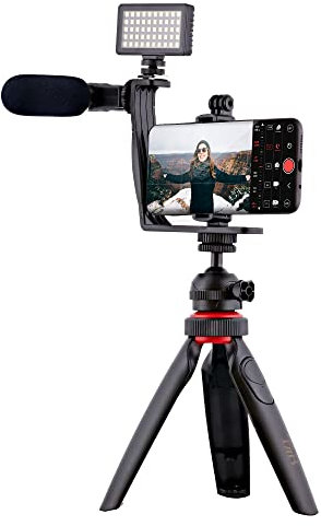 T’NB Influence Kit Vidéo pour Smartphone avec Trepied, Kit Vlogging, Lumière LED, Microphone avec Bonnette, 3 Filtres de Couleur, Télécommande sans Fil, Compatible Android/iPhone - Noir