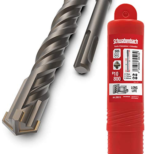 SCHWABENBACH ® SDS Plus Bohrer 10mm x 740 x 800 - Betonbohrer - Präzises & schnelles Bohren in Beton - Hartmetall Spitze - Steinbohrer Lang - Kein Einhaken in Armierungseisen 10x800mm (kein SDS MAX)