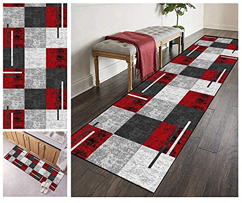 ZVEZVI Teppich Läufer Flur Küche rutschfest Waschbar Grau und Rot 60X100CM Vintage Meterware, Teppichläufer Kücheläufer Polyester Anpassbar