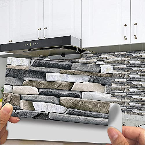 Stick on Tiles Gray Beige Stone Tile Stickers PVC Self Adhesive Wall Tiles Heat Resistant Tile Stickers for Kitchen Bathroom Waterproof Peel and Stick Floor Tiles Tile Paint 48 pcs
