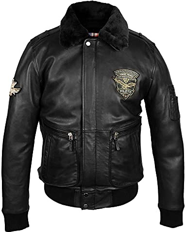 Zerimar Chaqueta Aviador Hombre Invierno - Cazadora Con Cuello de Borrego - Bomber de Cuero - Color Negro - Talla M