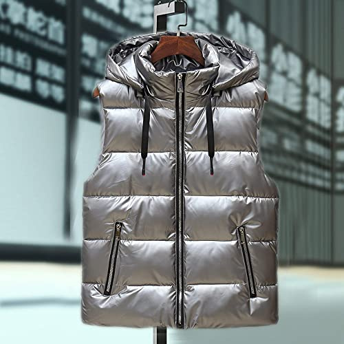 &ET Westen Damen,Damen Weste Glossy Loose Silbergrau Abnehmbare Kapuzen Warme Ärmellose Jacke Mit Reißverschluss Gepolsterte Taschen Herbst Winter Baumwolle Weste Für Männer Und Frauen,XL