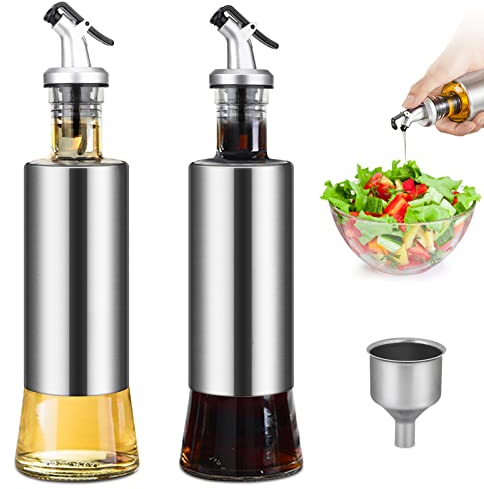 Bottiglia per Olio Set Olio Aceto Bottiglie Per Olio In Acciaio Inox, Con Beccuccio Versatore e Imbuto, Utilizzato Per Grigliare, Cuocere Al Forno e Insalate. 300 Ml*2, Parole non stampate