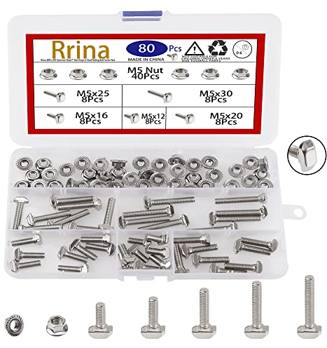 Rrina 80Pcs Hammer Head T-Slot Drop-in Stud Sliding Bolt Screw Nut Assortment Kit, for European Standard Aluminum Profile (M5-20 Series)