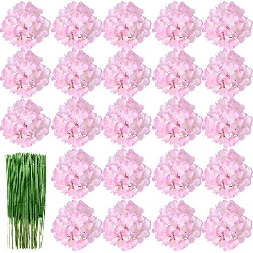 HinyoCo 28 pièces Fleurs D'hortensia en Soie Têtes 18 cm Fleur Artificielle avec Tiges Fausses Fleurs pour Les décorations de fête de Mariage à la Maison (Rose pâle)