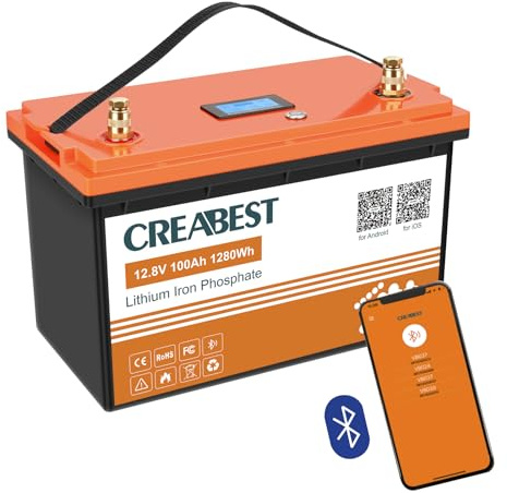 12V 100Ah CREABEST LiFePO4 Batterie, BMS Bluetooth-Funktion, Tiefzyklus-Batterie mit max. 1280W Ausgangsleistung, perfekt für Solar, Off-Grid System