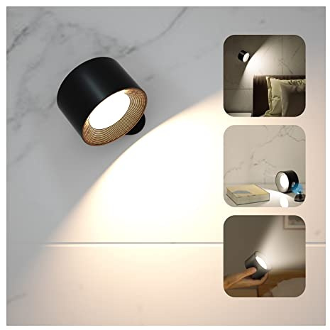 Coollamp Lámpara de Pared LED, Apliques Pared Interior con Batería Recargable, 3 Modos de Color Regulable, Rotación de 360 Grados, Control Táctil, Aplique a Pilas para Leer Junto a la Cama, Blanco