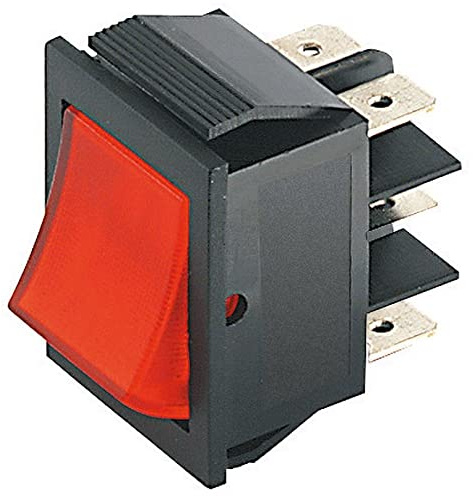 Deviatore bipolare a bilanciere DPDT bipolare ON-ON con tasto rosso e con terminali faston 6,35mm, foro di montaggio 31x22,7mm, 250V 15A