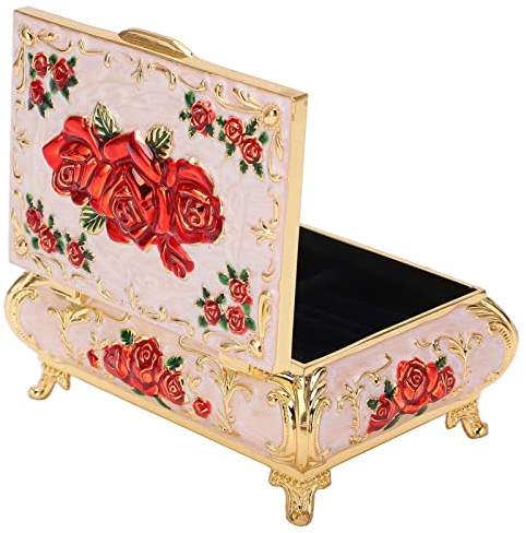 Kleine Schmuckschatulle, Vintage-geprägtes Design, Rosenmuster, Glänzend, Schmuckstück, Schatz, Antikes Andenken, für Frauen und Mädchen (goldweiße rote Rose)