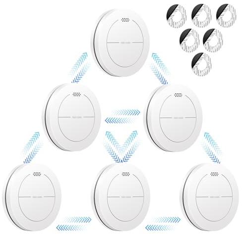 Safeliveo Detector de Humo interconectado con batería de 10 años, Alarma de Incendio Audible de 85dB, sin Flash LED para Dormitorio, Se Pueden conectar hasta 30 detectores de CO o de Humo, 6 Pieza