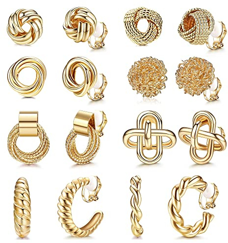 Kakonia 8 Paar Clip On Ohrringe für Frauen - Gold Clip Hoops, Silber Studs, Twist Chunky Hoops, Non Pierced Fake Ohrringe Set