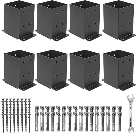 4x4 Post Base 8 Pcs,（Inner Size3.5x3.5） Wood Fence Pergola Post Bracket, Black Powder Coated Post Anchor,Deck Post Base Support Base Plate Pergola Brackets Fence Kit…