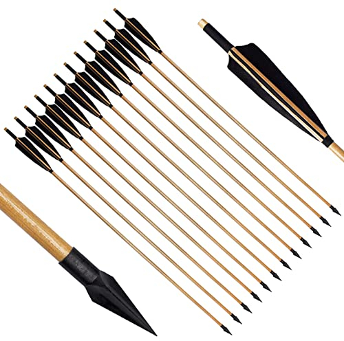 biubiusot Holzpfeile für Bogenschießen 32 Zoll Jagdpfeile 12er Naturfedern Pfeile Bogenpfeile mit Abschraub Spitze Langbogen und Traditionellen Pfeile Bogen Handarbeit (Schwarz+Jagdpfeile)