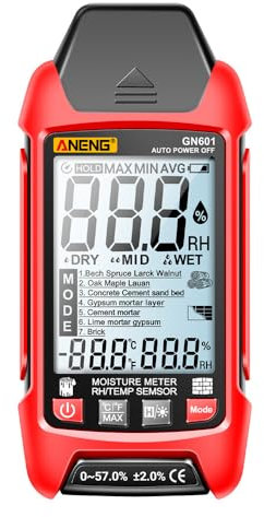 SATMW GN601 Igrometro per Legno 0~99,9% Display UR 20,5% Misuratore di umidità del Legno Multiscena Misura sonda di umidità di Temperatura Tester per Legno/edilizia