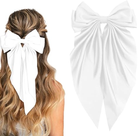 ILLPTA Hair Bow for Girls,Cute Bow Hair Clips for Women Oversized Satin Hair clips Long Ribbon Hair Accessories Gifts for Girl (Pure white)