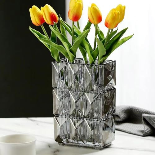 20cm Kristallglas Vase, Verdickte klare Glas Blumenvase, große große quadratische Vase Dekorative Vasen Blumen Moderne Bauernhaus Mittelstück, Home Room Dekor (Grau)