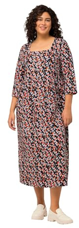 Ulla Popken Femme Grandes Tailles Robe en Jersey, imprimé Points Multicolores. Encolure carrée et Manches 3/4. Noir 54+ 825355100-54+