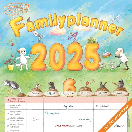 Alpha Edition - Familienplaner Cartoon 2025 Broschürenkalender, 30x30cm, Kalender mit 6 Spalten für Termine, Illustrationen von Bayer Design, ... internationales Kalendarium: by Silke Leskien