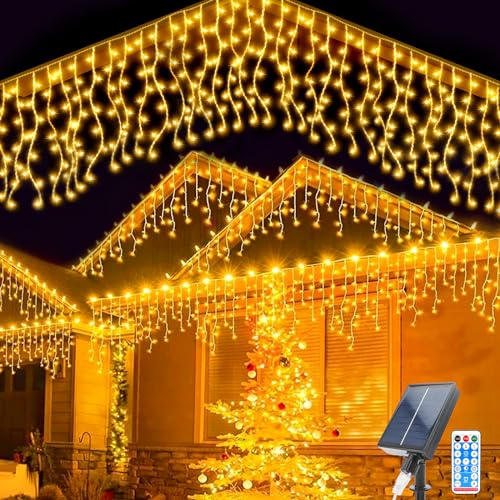Guirnaldas Luces Solar, 5M Impermeable Cadena de Luces de Carámbano 32 Pcs Cortina de Luces Solares 8 Modos 256 LED Luces de Hadas de Cortina con Control Remoto para Vacaciones Patio Jardín Boda