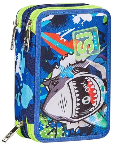 SJ Gang STYLE JAM GANG Astuccio Scuola 3 Zip, Blu, SharkStory, Portapenne Triplo Scomparto Completo Di Penne, Matite, Colori, Accessori Zaino, Elementari, Medie, Bambino
