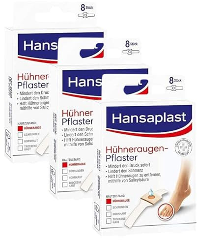 Hansaplast Hühneraugen Pflaster (1 x 8 Stück), Pflaster mit Salicylsäure zur Entfernung von Hühneraugen, schmerzlindernde Fußpflaster mit sicherem Halt (Packung mit 3)