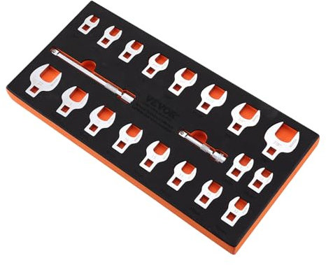 VEVOR Crowfoot-Schlüsselsatz, 3/8-Zoll-Antrieb, 20-teiliger Crowsfoot-Schlüsselsatz mit 2 Verlängerungsstangen und EVA-Werkzeug-Organizer, SAE 3/8-7/8 Zoll und metrisch 10-22 mm, 40CR-Material