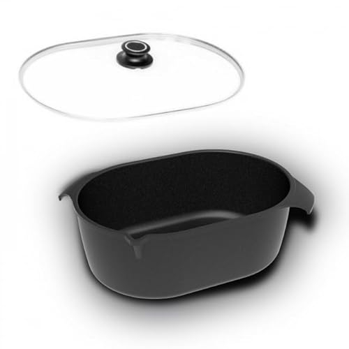 AMT Gastroguss Lotan® AMZN-3222 - Juego de 3 sartenes para asar (tapa de hierro fundido, tapa con base de parrilla y tapa de cristal, 32 x 22 cm, no apta para inducción, revestimiento antiadherente