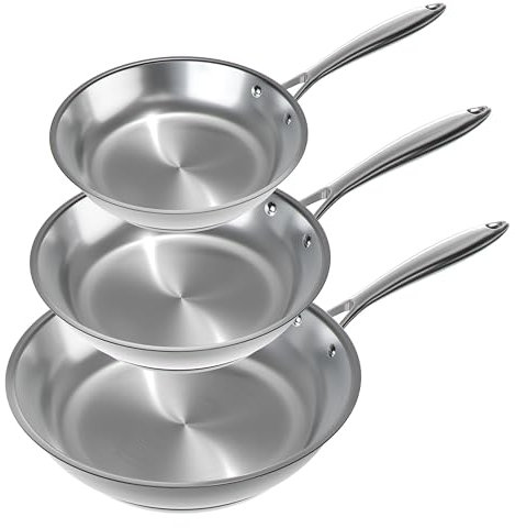 Verel Stainless Steel Frying Pan Set 3 Piece - 8 Inch, 10 Inch and 12 Inch Fry Skillet Stainless Steel Pan, Dishwasher and Oven Safe Cookware