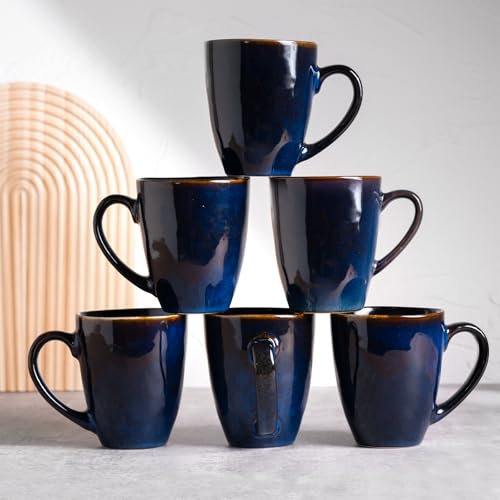 Kaffeebecher Set 6 Stück Tassen Set 370ml Kaffeetassen Porzellan mit Henkel, Teetasse Groß Milchkaffeetasse Kaffeepott für Espresso Cappuccino Keramiktasse in Mitternachtsblau