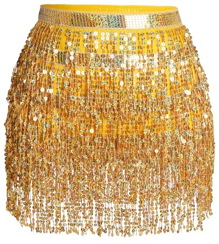 Glitzer Damen Rock Pailletten Rock Bauchtanz Kostüm Mini Rock Cowgirl Tanzkleid Rave Outfit Hüfttuch Kostüm für Damen Mädchen (DE/NL/SE/PL, Alphanumerisch, M, Regular, Regular, Gold)