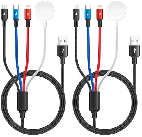Minlu 4 in 1 Multi USB Ladekabel, Apple Watch Ladegerät [1.2M 2Pack] | Ladekabel Apple Watch und iPhone, iWatch Ladekabel für Magnetic Wireless iWatch Serie 9/8/7/6/5/4/3/2/1/iPhone/Android