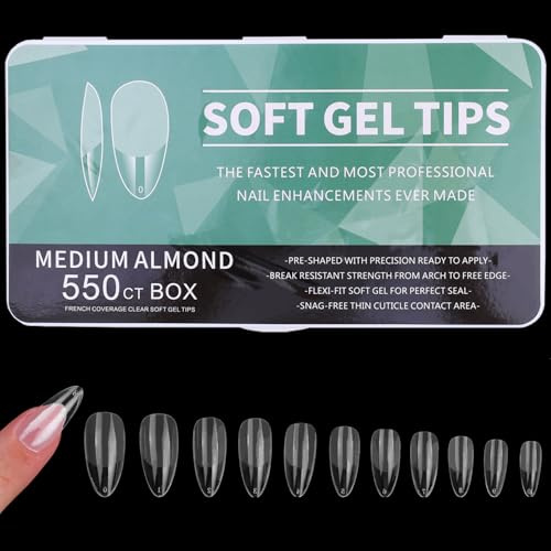 YPYMOD 550pcs Faux Ongles, Goutte D'eau Façon Amande Acrylique Capsules Ongles Transparent Pose Americaine Ongle Avec Valise De Rangement Pour Les Studios De Manucure 11 Tailles