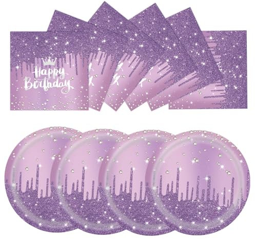 50 Stück Lila Happy Birthday Teller und Servietten Set,25 x 17.8cm Dessertteller 25 x 16.5cm Servietten Geburtstag Party Geschirr Set für Weihnachten Geburtstagsparty Deko