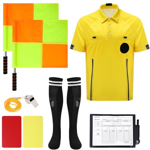 ZhouBoat Soccer Referee Kit, 6 Pcs Soccer Referee Shirt Jersey Umpire Uniform Football Linesman Flags Sports Whistle Soccer Socks Referee Notebook Soccer Referee Costume for Adult Teenager, Medium