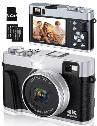 Bifevsr 4K Digital Camera with Viewfinder & Dial, 48MP Vlogging Camera for Photography and Video Autofocus Anti-Shake, Travel Portable Digital Camera with Flash SD Card 2 Batteries, 16X Zoom Camera
