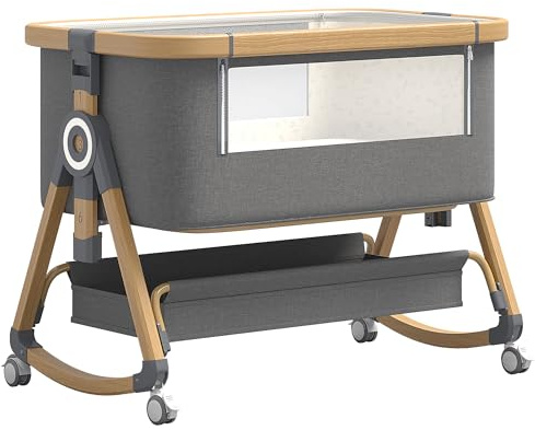 YAZOCO 3 in 1 Babybett Beistellbett, Höhenverstellug und Einstellung der Neigung der Matratze, 4 Räder mit Bremse (Grau Gold)