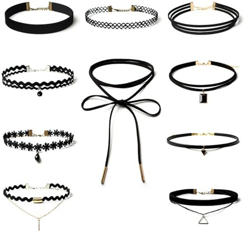 10 Stück Choker Kette Damen Set,Choker Halskette Schwarze,Samt Leder Halsband Velvet Collier Joker Kette,Gothic Classic Kropfband Tattoo,Spitze Necklace Schmuck Geschenk für Frauen Mädchen Teenager