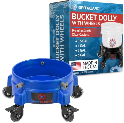 GRIT GUARD Bucket Dolly with Wheels - Rolling Detailing Wash Bucket with 5 Wheels and 2 Locking Casters Compatible with 2.5, 4, 5 and 6 Gallon Buckets (Blue, 3 Roller Bearing)